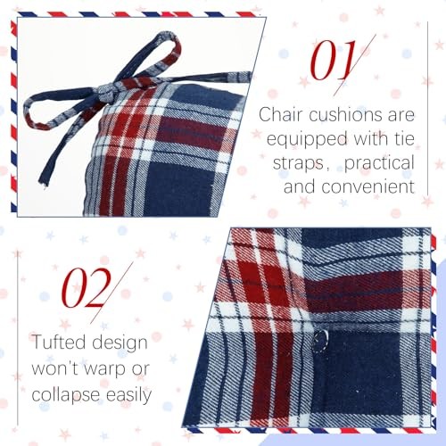 Set of 4 Navy and Red Plaid Chair Cushions with Ties for Dining Chairs