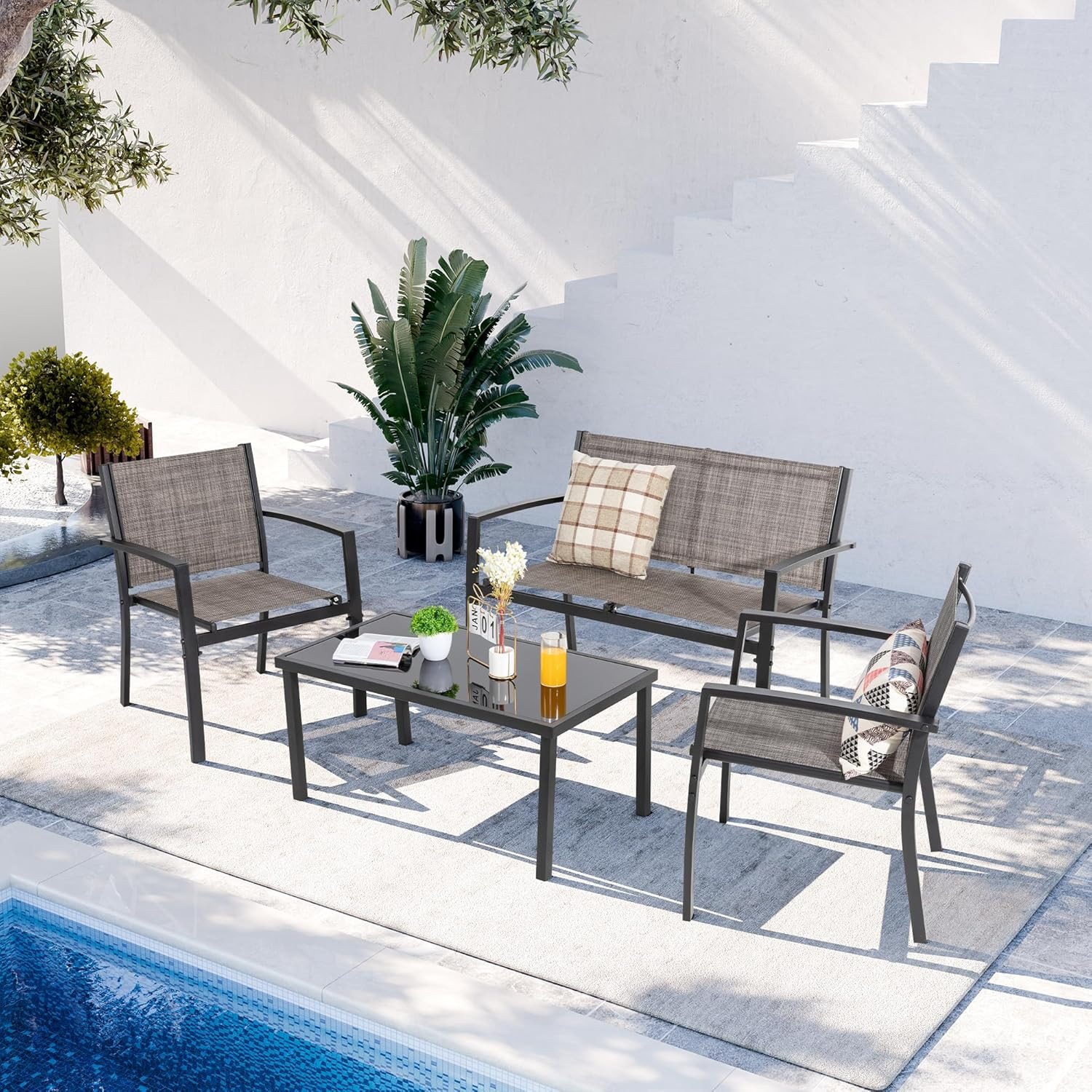 Light Brown 4-Piece All-Weather Patio Furniture Set with Glass Table & Chairs