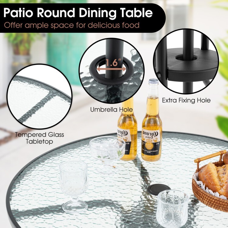 6Pcs Patio Outdoor Dining Folding Chairs & Glass Table Set Tilt Umbrella Garden