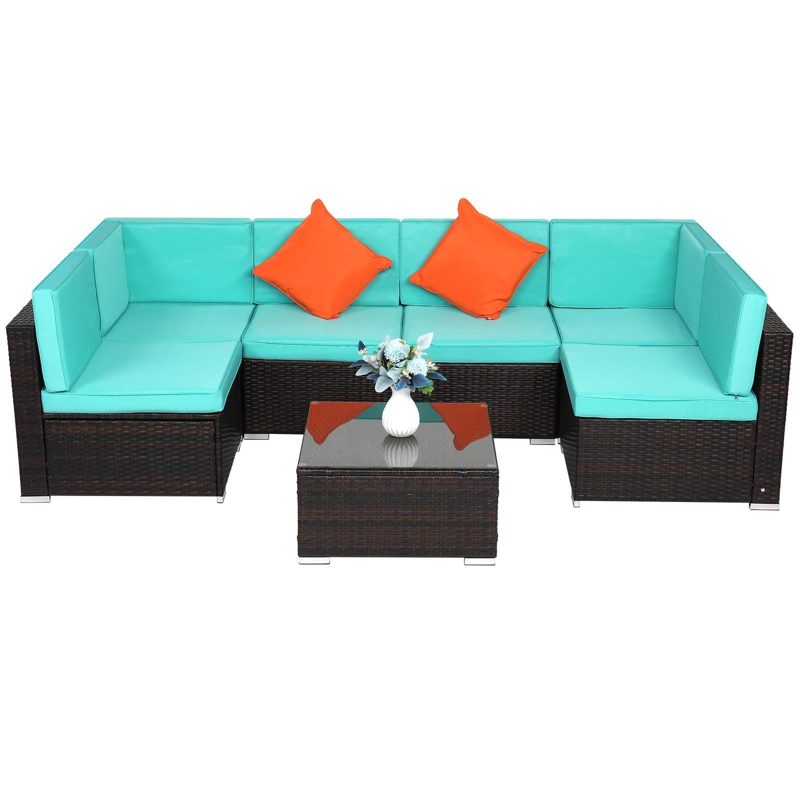 7 Pcs Patio Rattan Sofa Set Outdoor Wicker Sectional Furniture w/Table Lake Blue