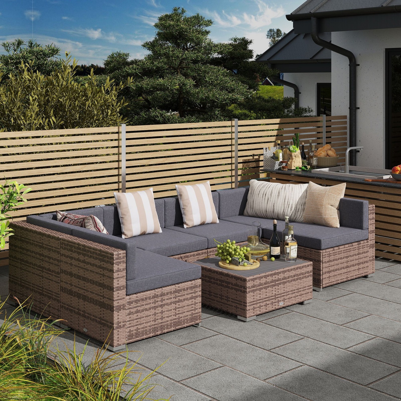 7-Piece Reconfigurable Outdoor Sofa Set, Gray Rattan, 350lb Capacity