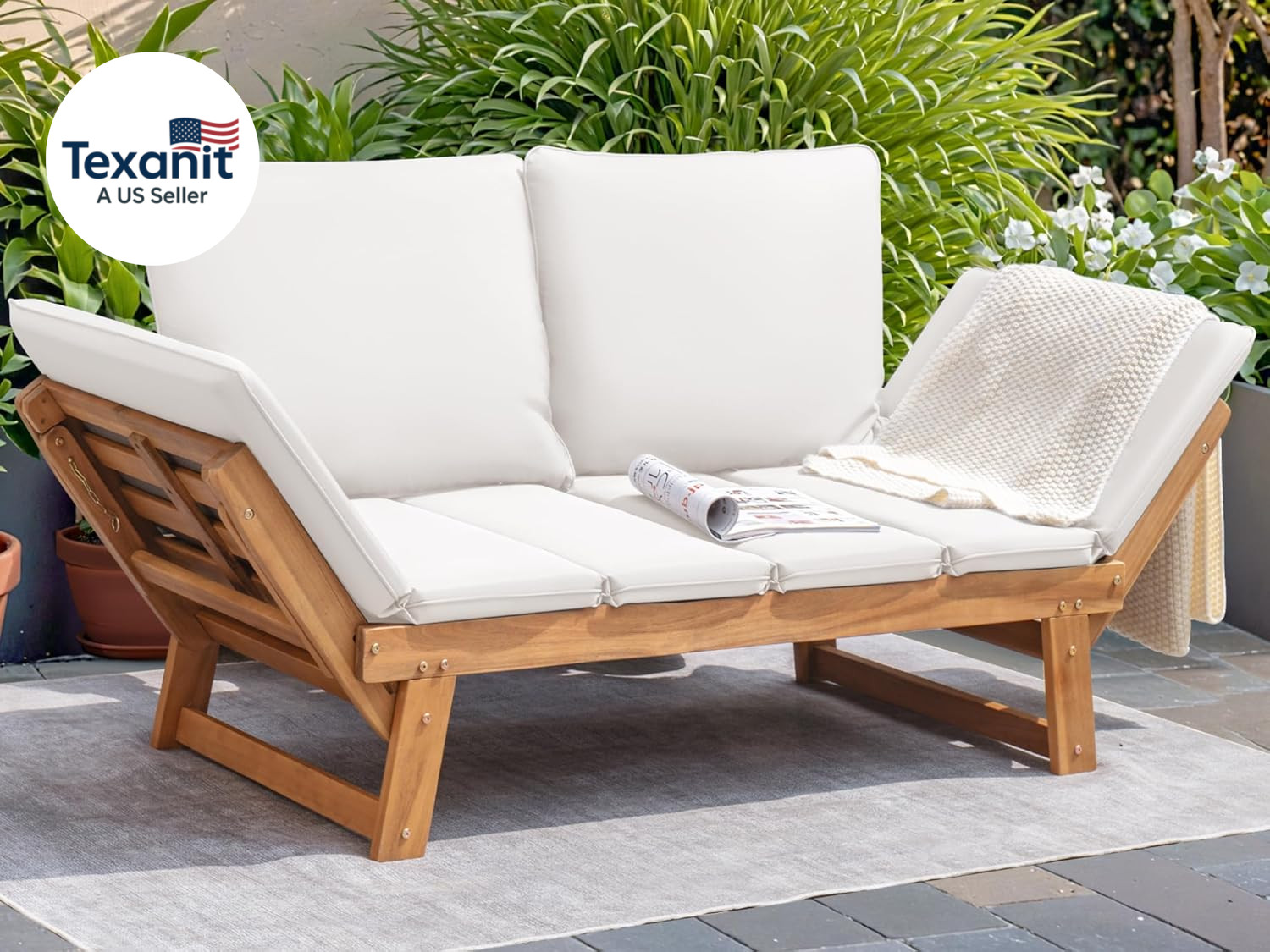 Outdoor Couch Acacia Wood Patio Couch with Adjustable Armrests, Outdoor Converti