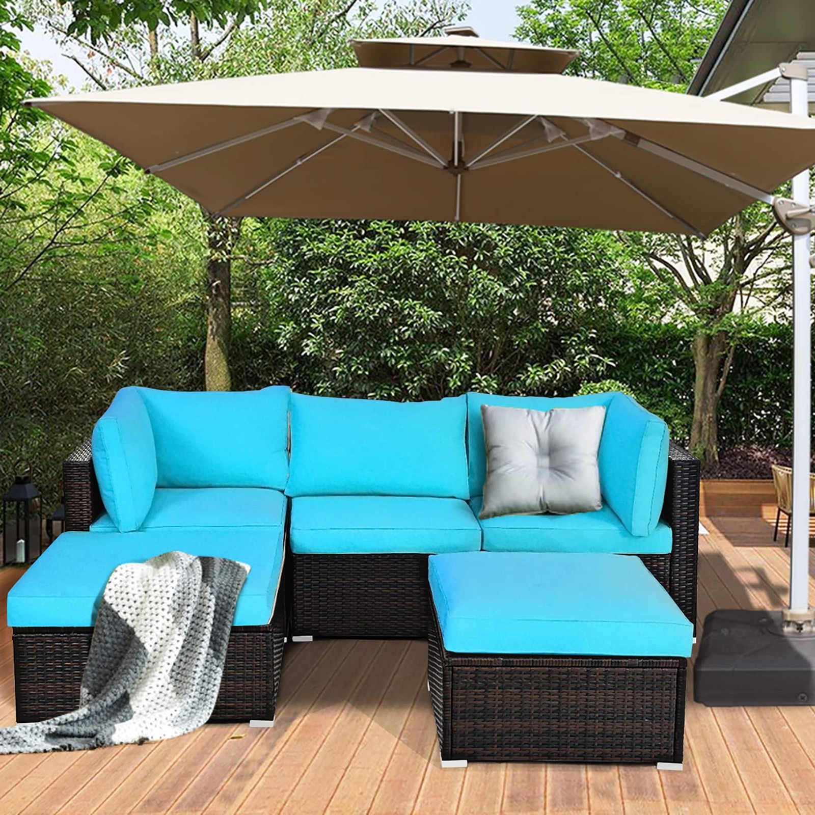 Costway 5PCS Patio Rattan Sectional Conversation Set Ottoman Turquoise – 5-Piece