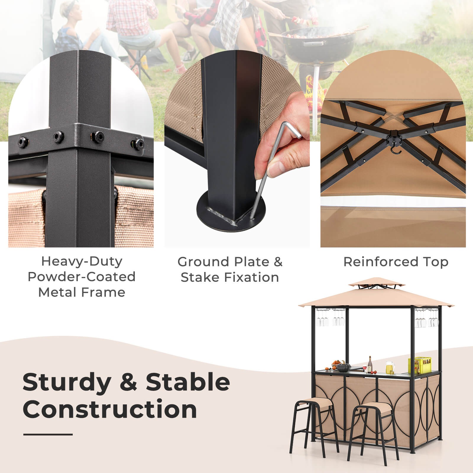 3 PCS Patio Bar Set w/ Tempered Glass Bar Table Metal Storage Shelves for Garden
