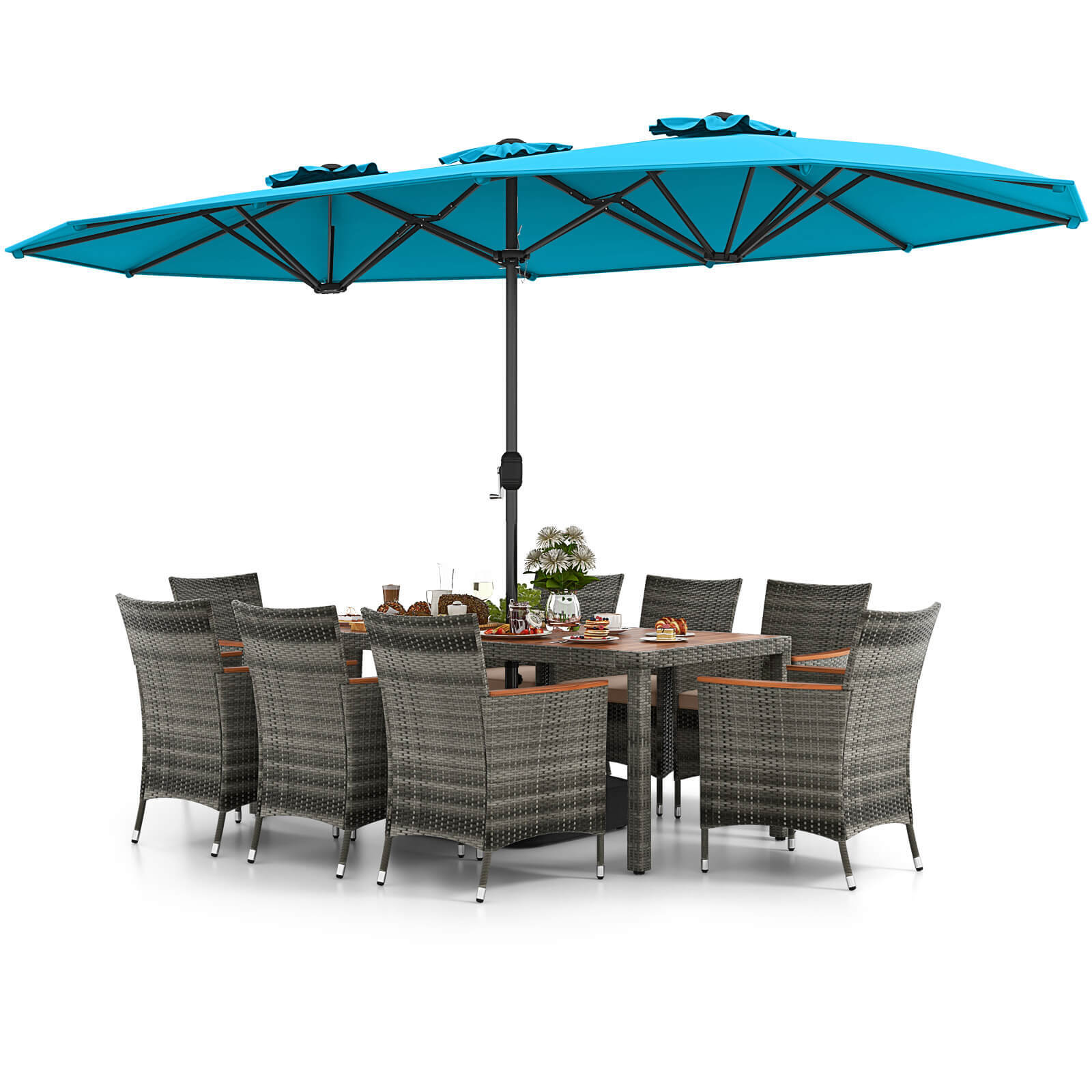 10 PCS Patio Wicker Dining Set w/ Double-Sided Patio Umbrella 8 Armchairs