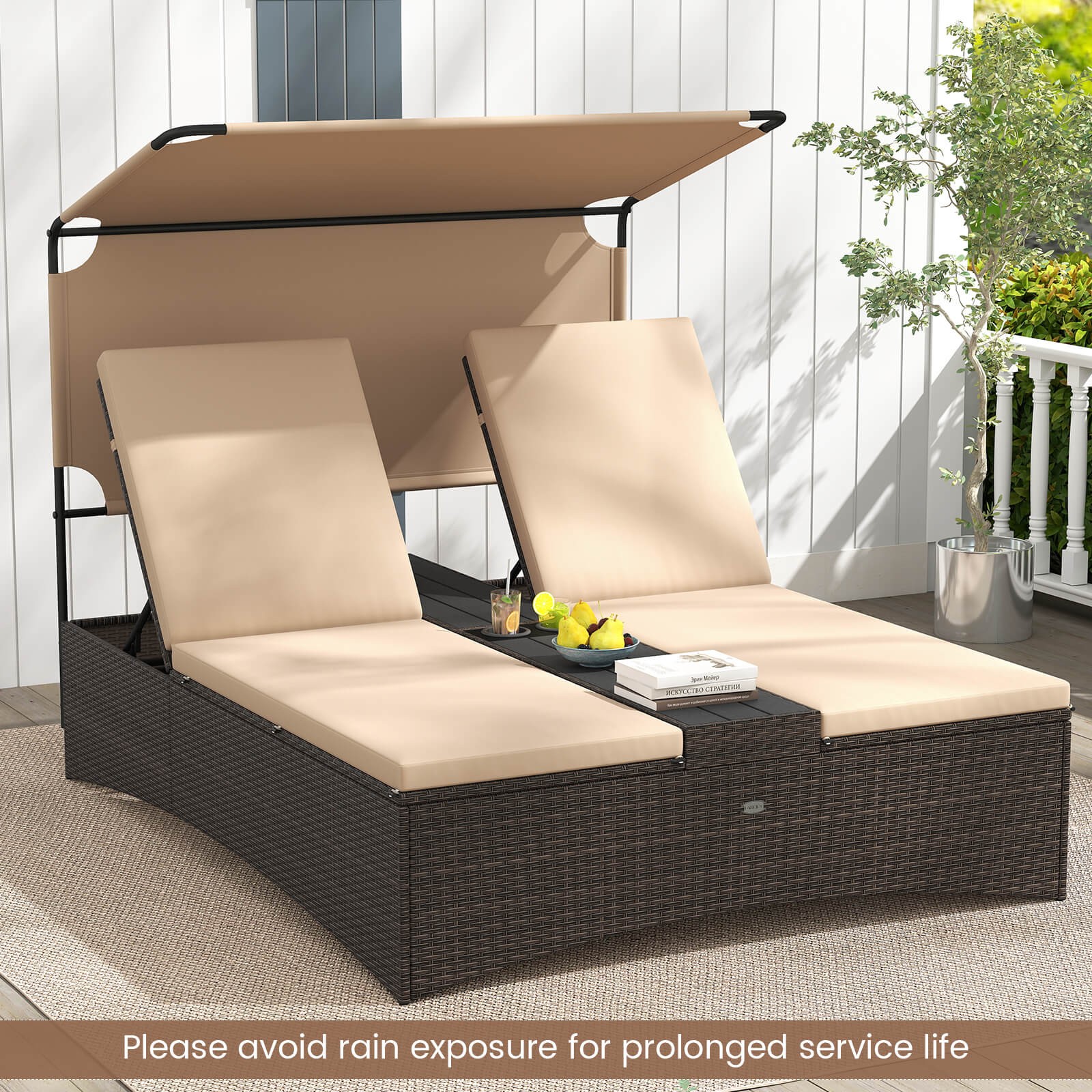 Outdoor Daybed with Adjustable Backrests 2-Person PE Rattan Patio Bed w/ Canopy