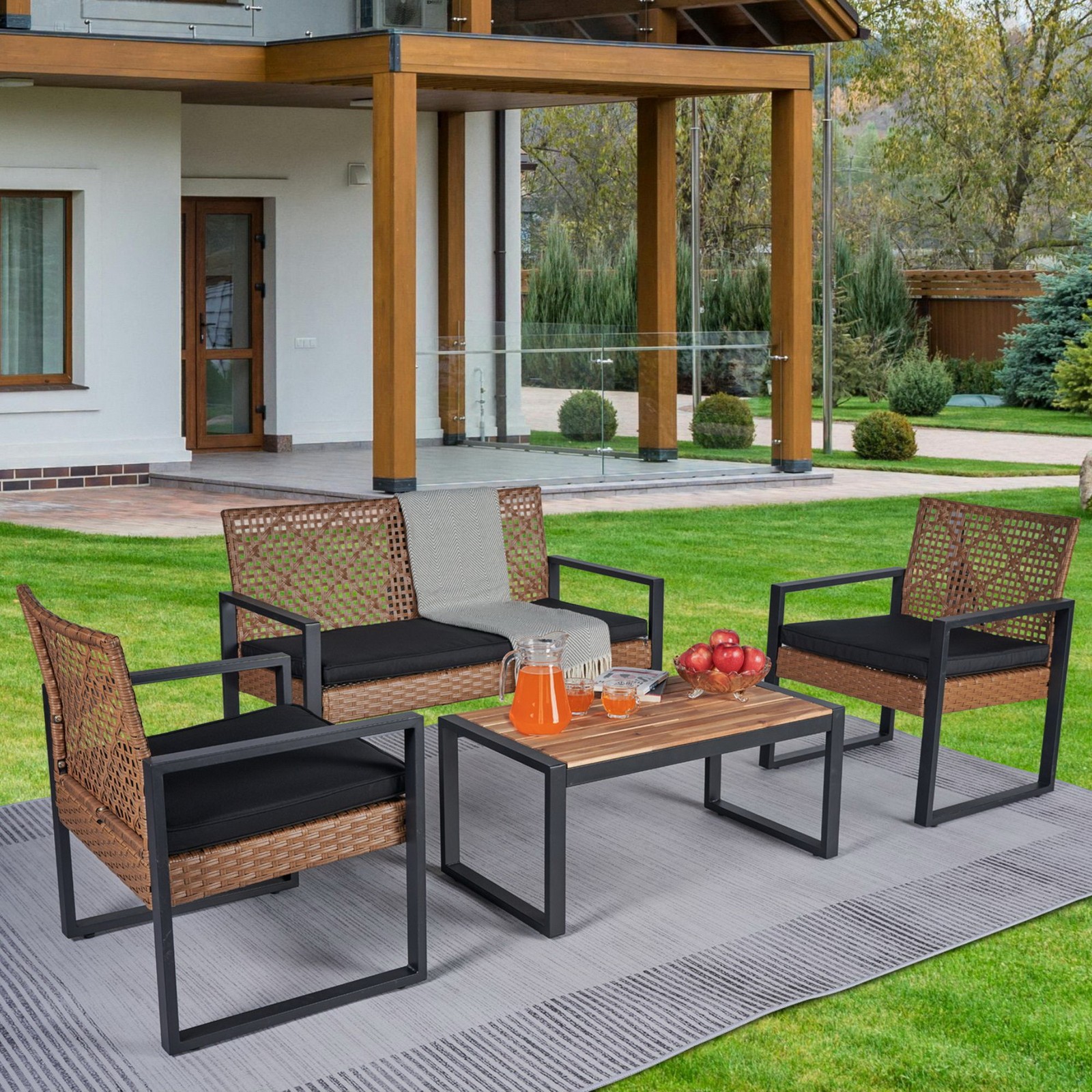 Rattan Loveseat & Chairs & Coffee Dining Table Patio Wicker Furniture Set for 4