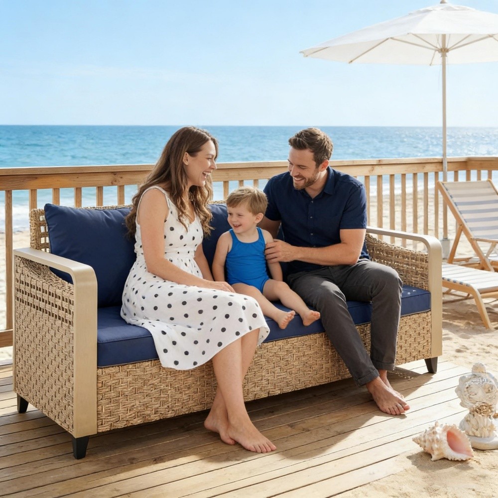 Outdoor Rattan Wicker Sofa 70.9″ Seat Brown Dark Blue Cushions