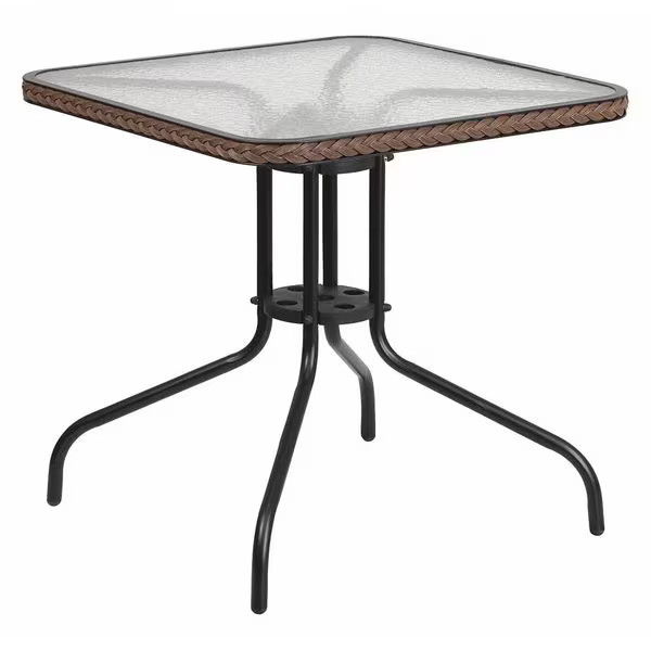 Square Glass Table,Brown Rattan Edging,Sqr,28″, Aluminum, Glass, Metal, Plastic,