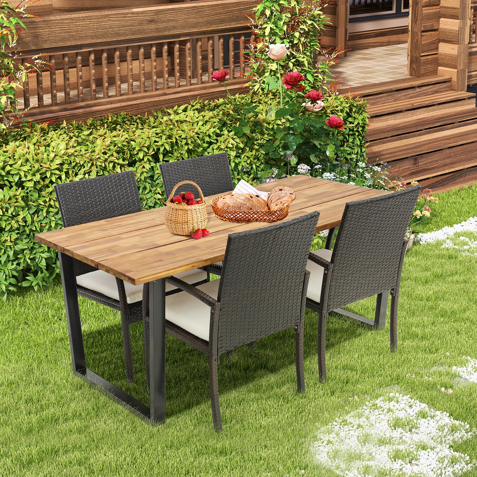 5Pcs Patio Rattan Dining Set Umbrella Hole Seat Cushions Table Yard