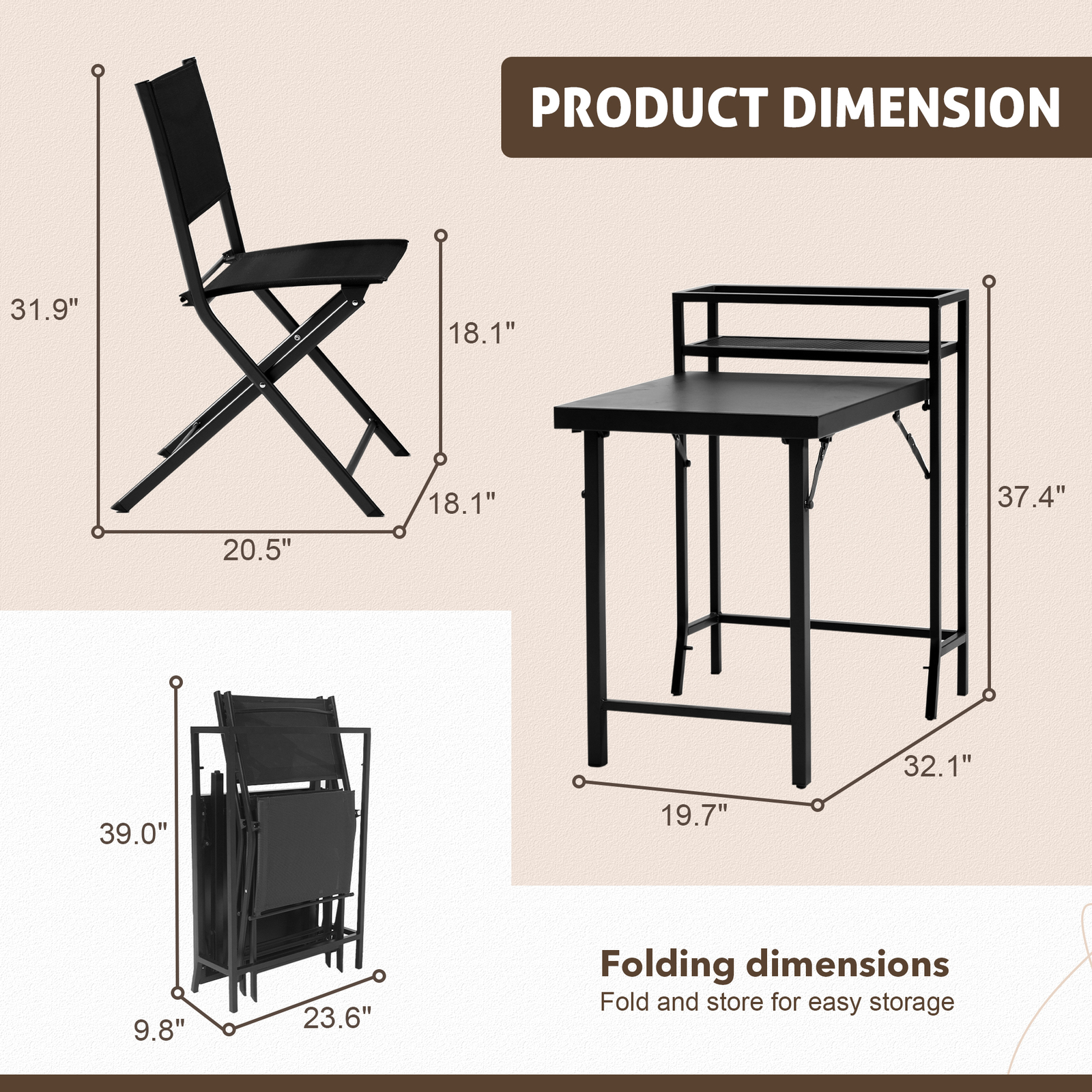 3 PCS Patio Bistro Set for 2, Foldable Patio Table &Chairs, No Assembly Required