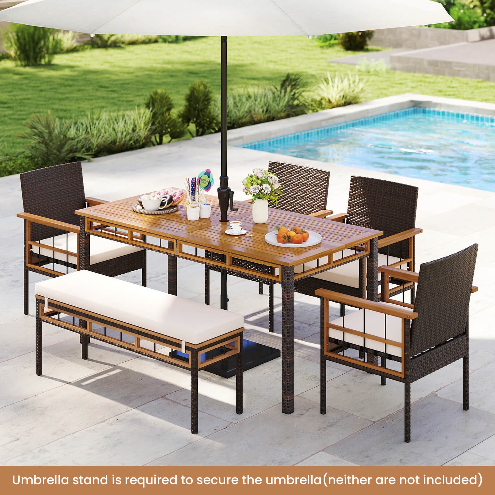 6PCS Acacia Wood Table Backless Bench 4 Armchairs w/1.97” Umbrella Hole Cushion
