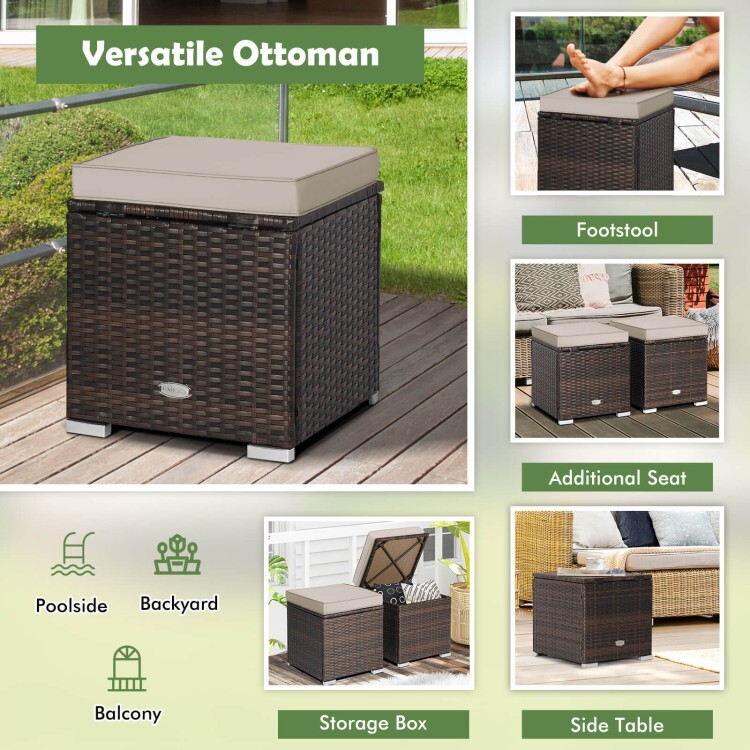 2Pcs Outdoor Patio Ottomans Hand-Woven PE Wicker Footstools w/Removable Cushions