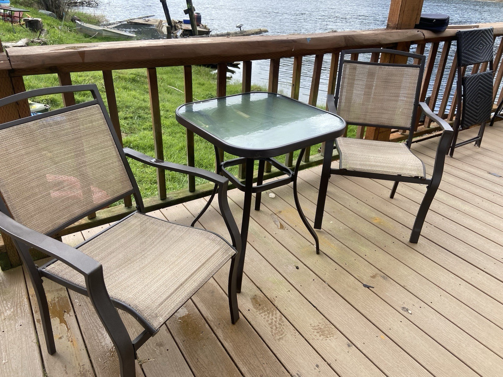 Three-Piece Patio Balcony Set Metal Mesh Chairs Beige Black Square Glass Table