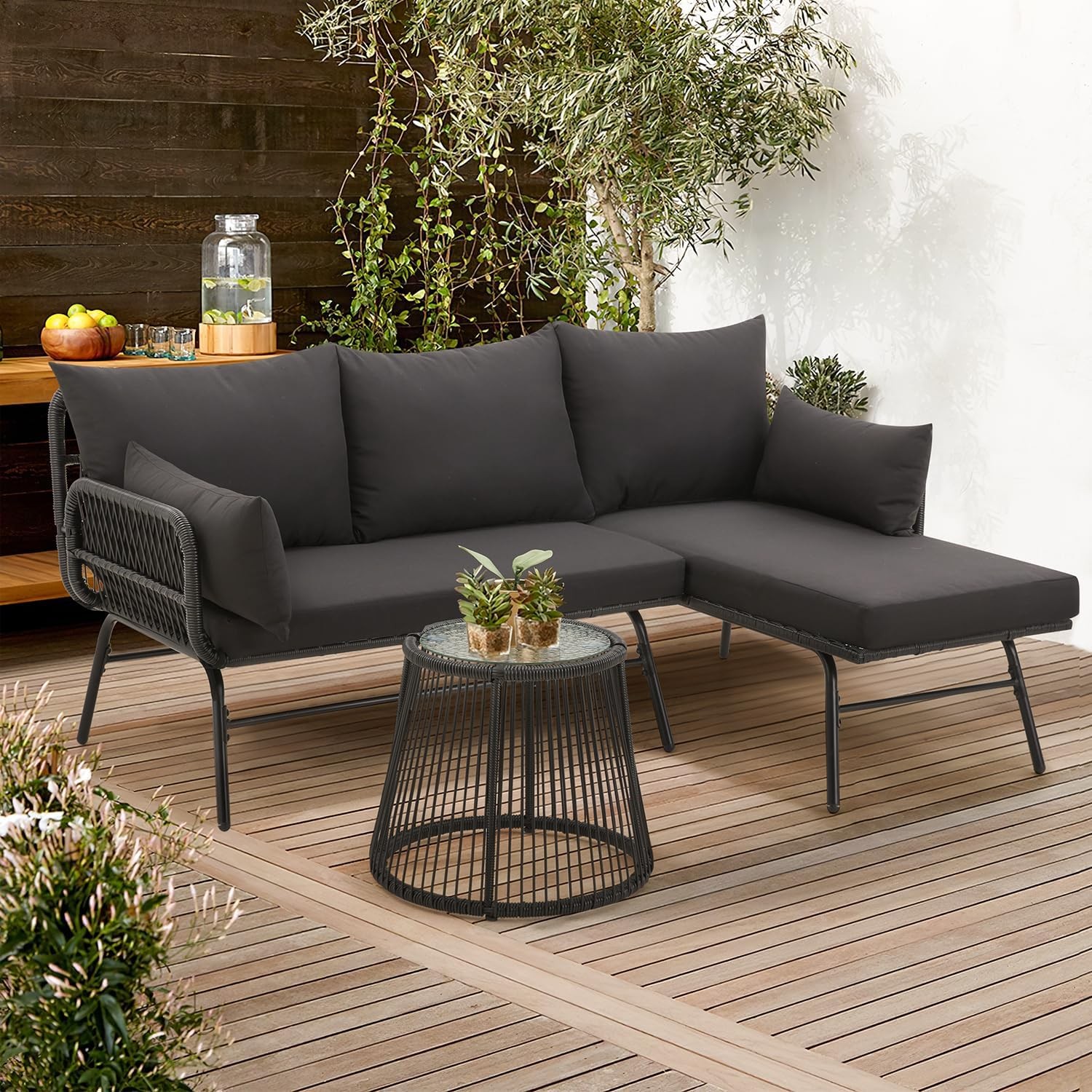 3-Piece Outdoor Patio Furniture Set L-Shaped Rattan Sectional Sofa W/ Thick