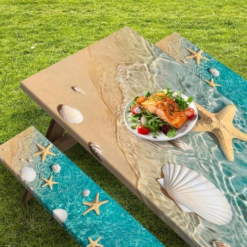 Picnic Table Cover with Bench Covers Elastic Edges, 96in Starfish Seashell
