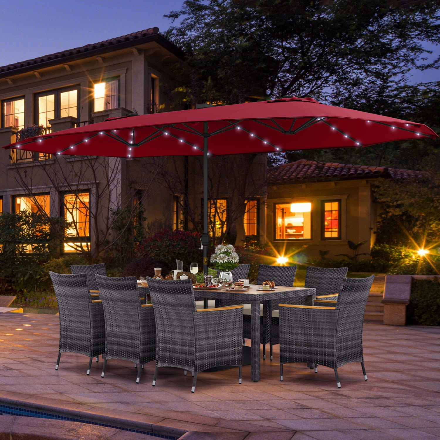 11Pcs Patio Dining Set 15Ft Double-Sided Umbrella Base Included Wine