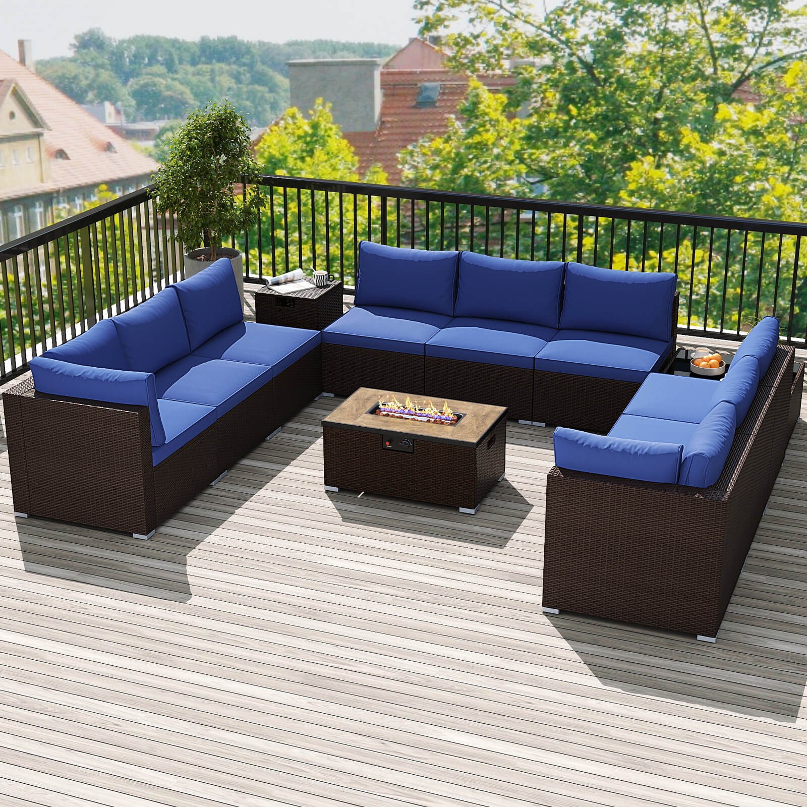 12 PCS Patio Wicker Sectional Sofa Set w/ 32″ Propane Fire Pit Table Tank Holder