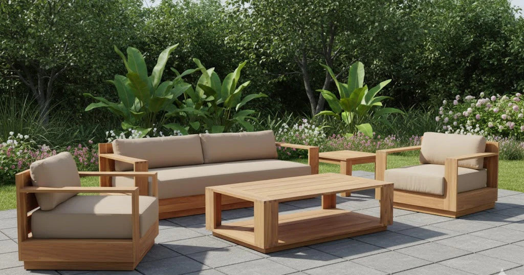 Imperial Grove Outdoor Solid Teak Wood Sofa Set Sofa + Arm Chair And Coffee Tab