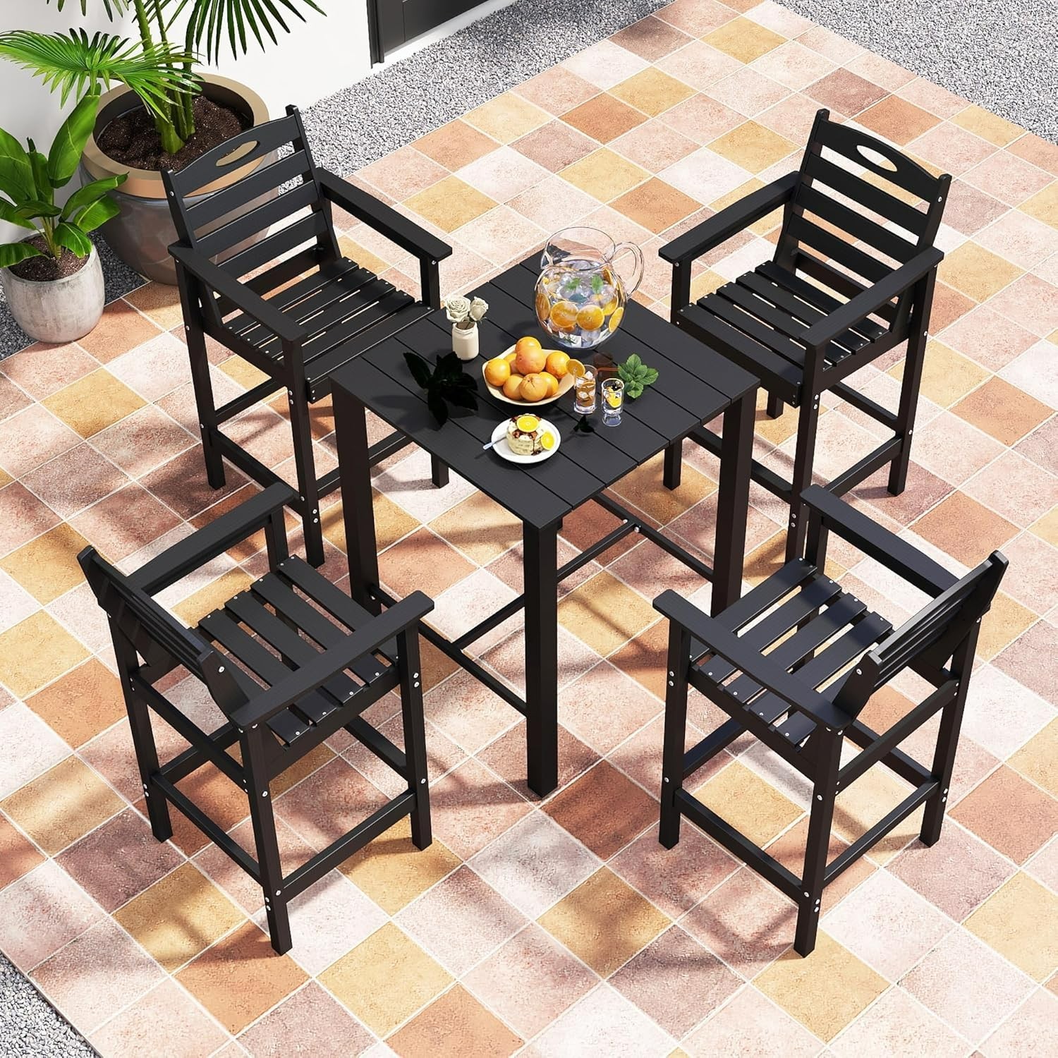 Domi 5Pcs HDPE Adirondack Patio Bar Set(1Table+4Chair)for Balcony,Backyard,Black