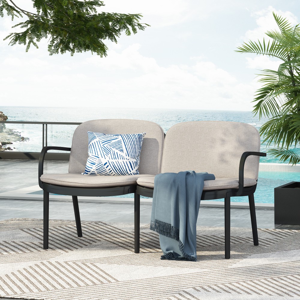 Outdoor Patio Loveseat with Weather Resistant Cushions, PP Frame, Black Beige