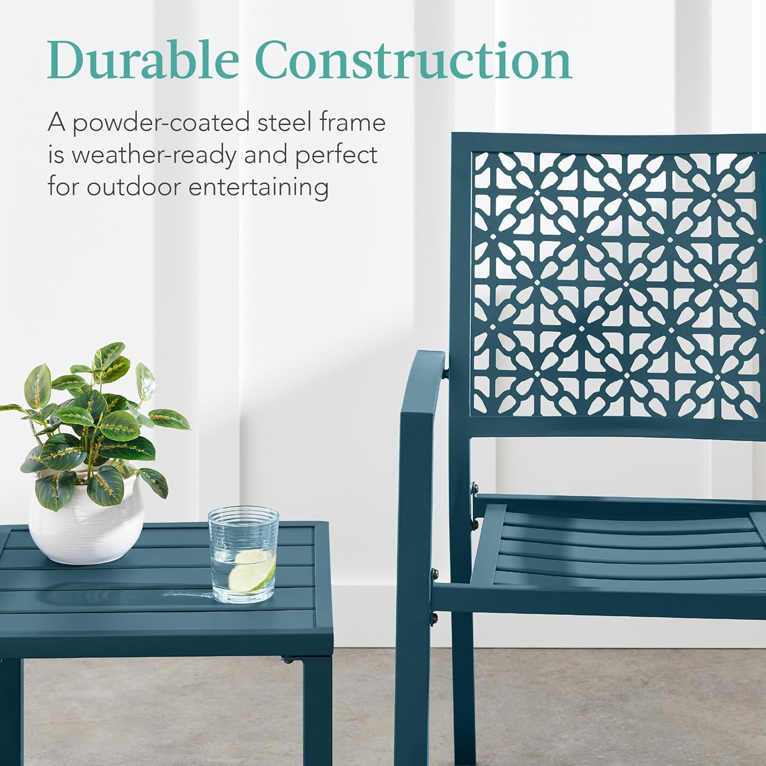 Peacock Blue 3-Piece Outdoor Bistro Set – Modern Stackable Steel Furniture