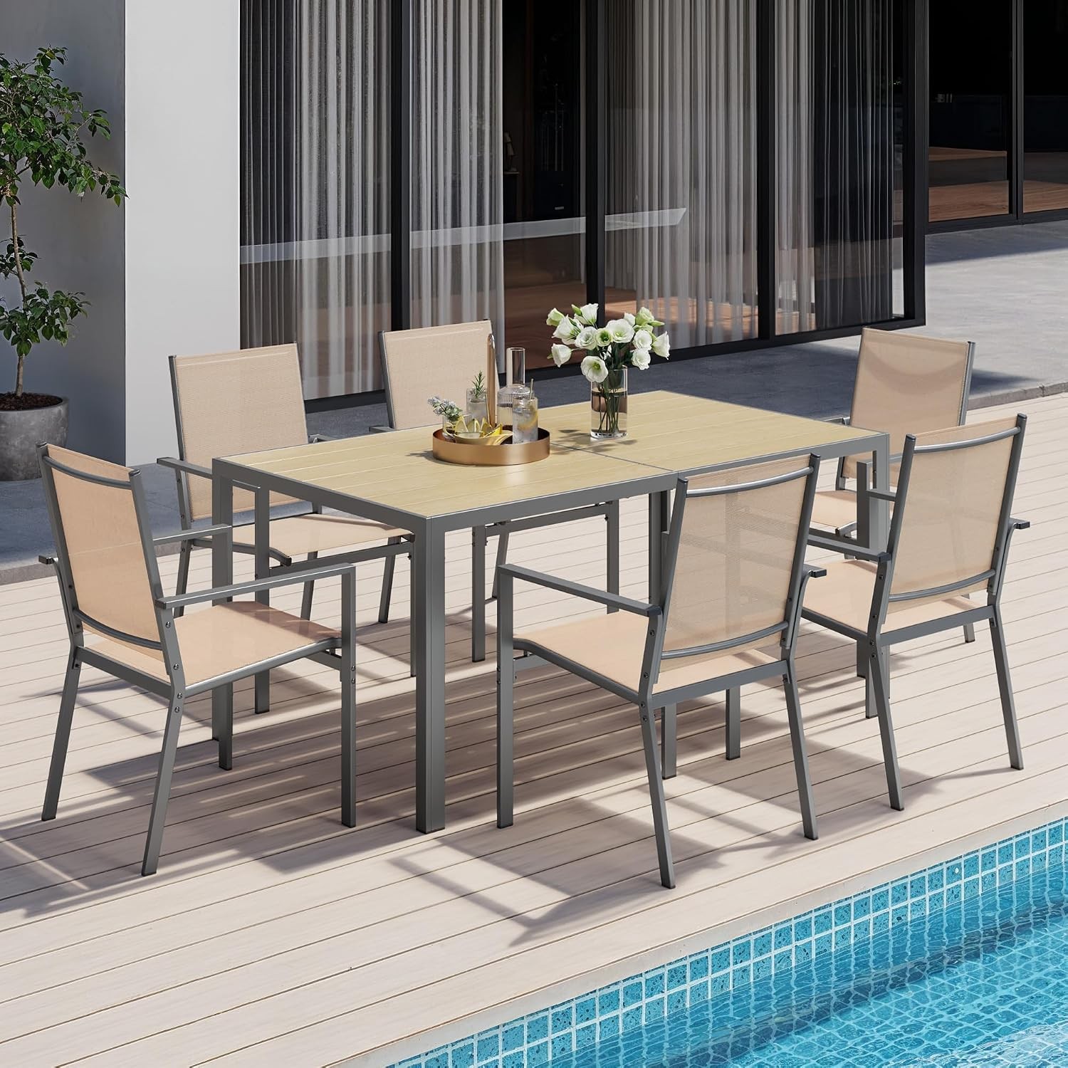 Patio Table & Chairs Set 6 Outdoor Dining Set Includes 59.5″ Rectangle Patio