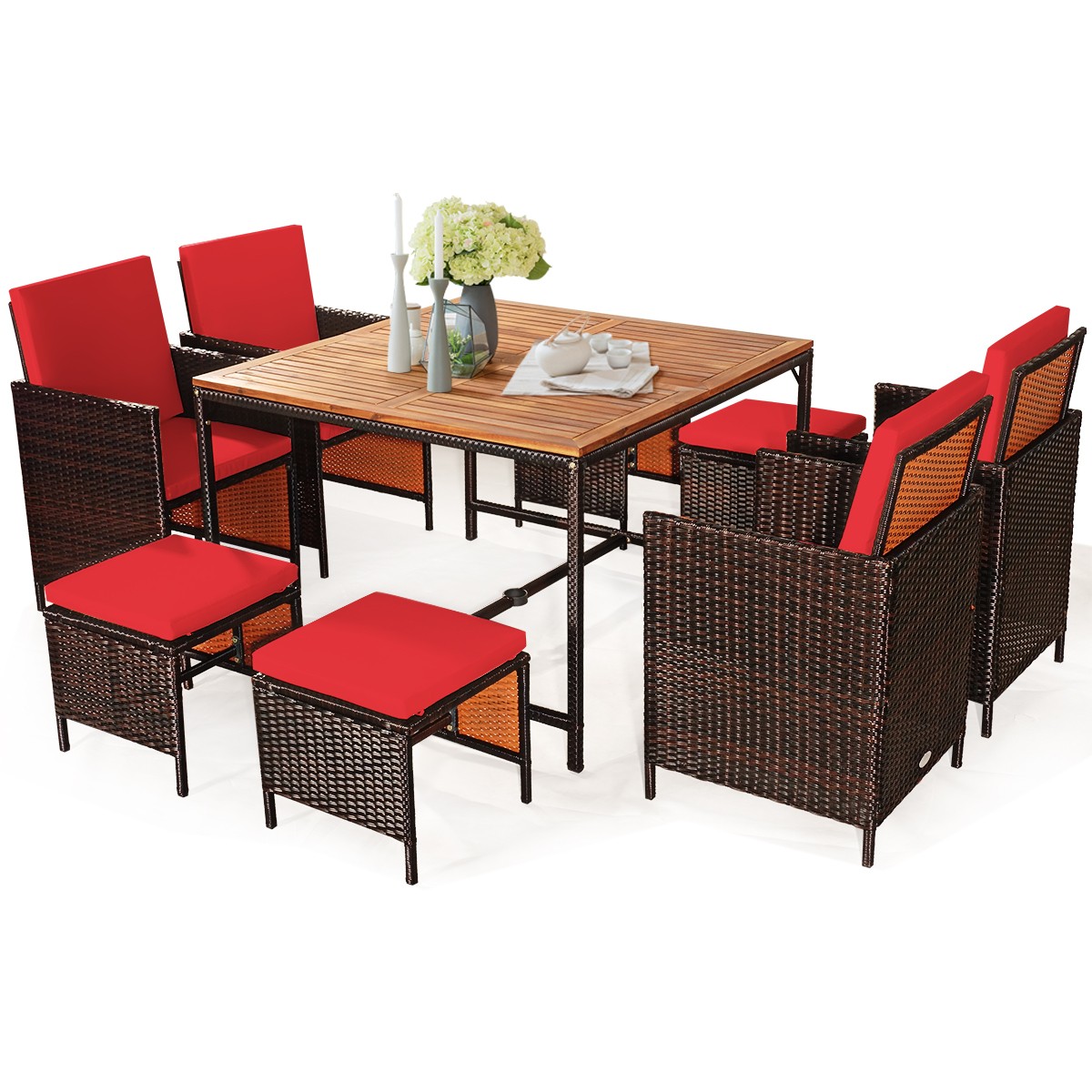 9PCS Patio Rattan Dining Set Cushioned Chairs Ottoman Wood Table Top Red
