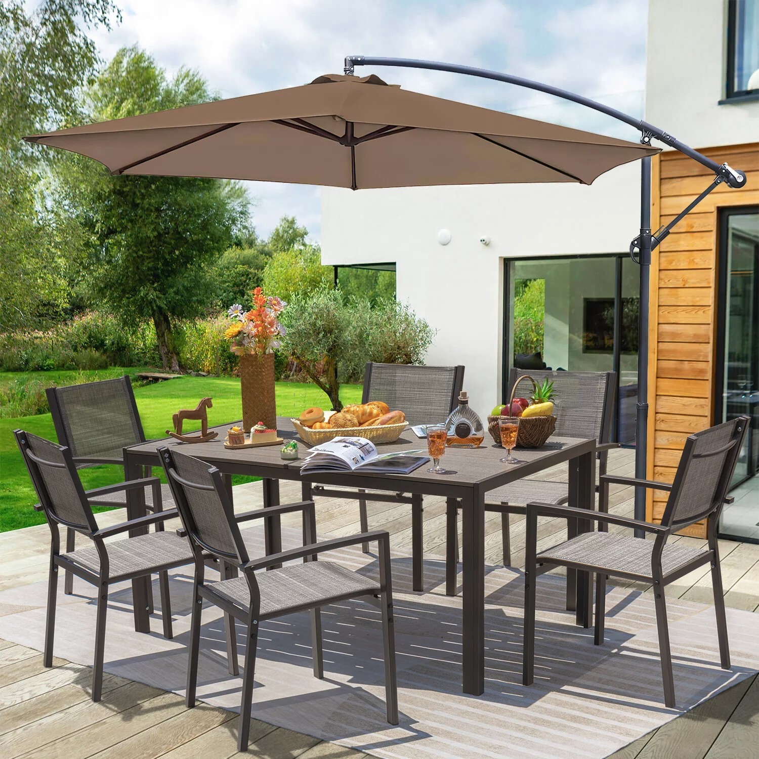 Devoko 7 Pieces Patio Dining Set Outdoor Furniture Set 6 Stackable Textilene Arm