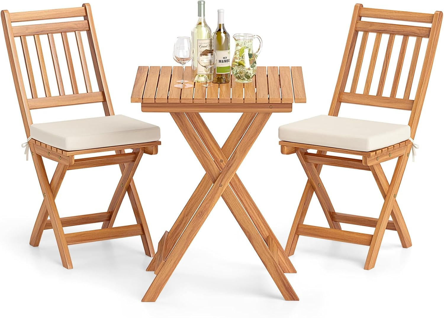 Acacia Wood Patio Bistro Set with Cushions – Folding Chair & Table Set
