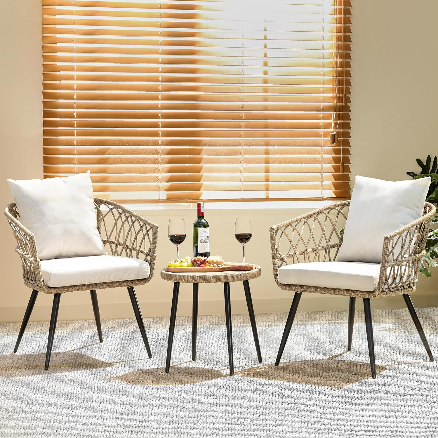 Heavy Duty 500Lbs Weight Capacity Wicker Bistro Table and Chairs Set of 2 with P