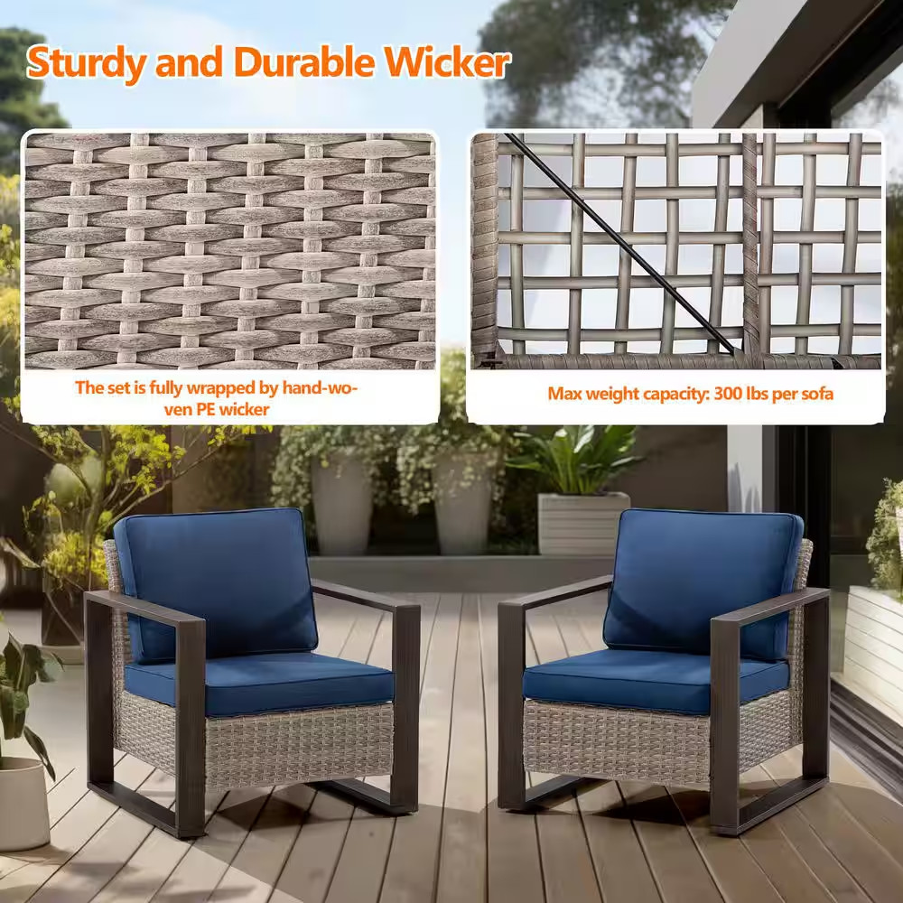 2-Piece Wicker Outdoor Lounge Chair Patio Chairs with Metal Frame and Dark Blue