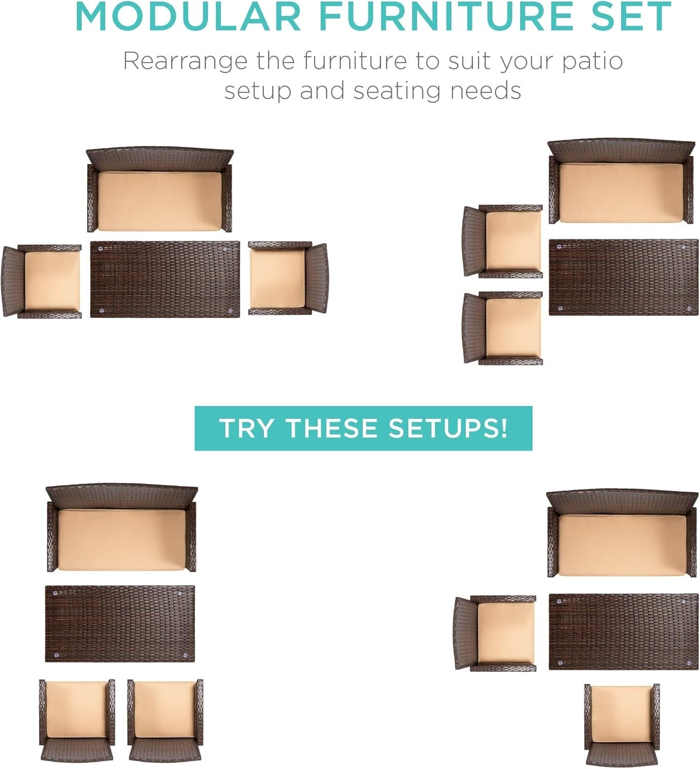 Elegant 4-Piece Modular Wicker Patio Set with Glass Coffee Table – Brown/Beige