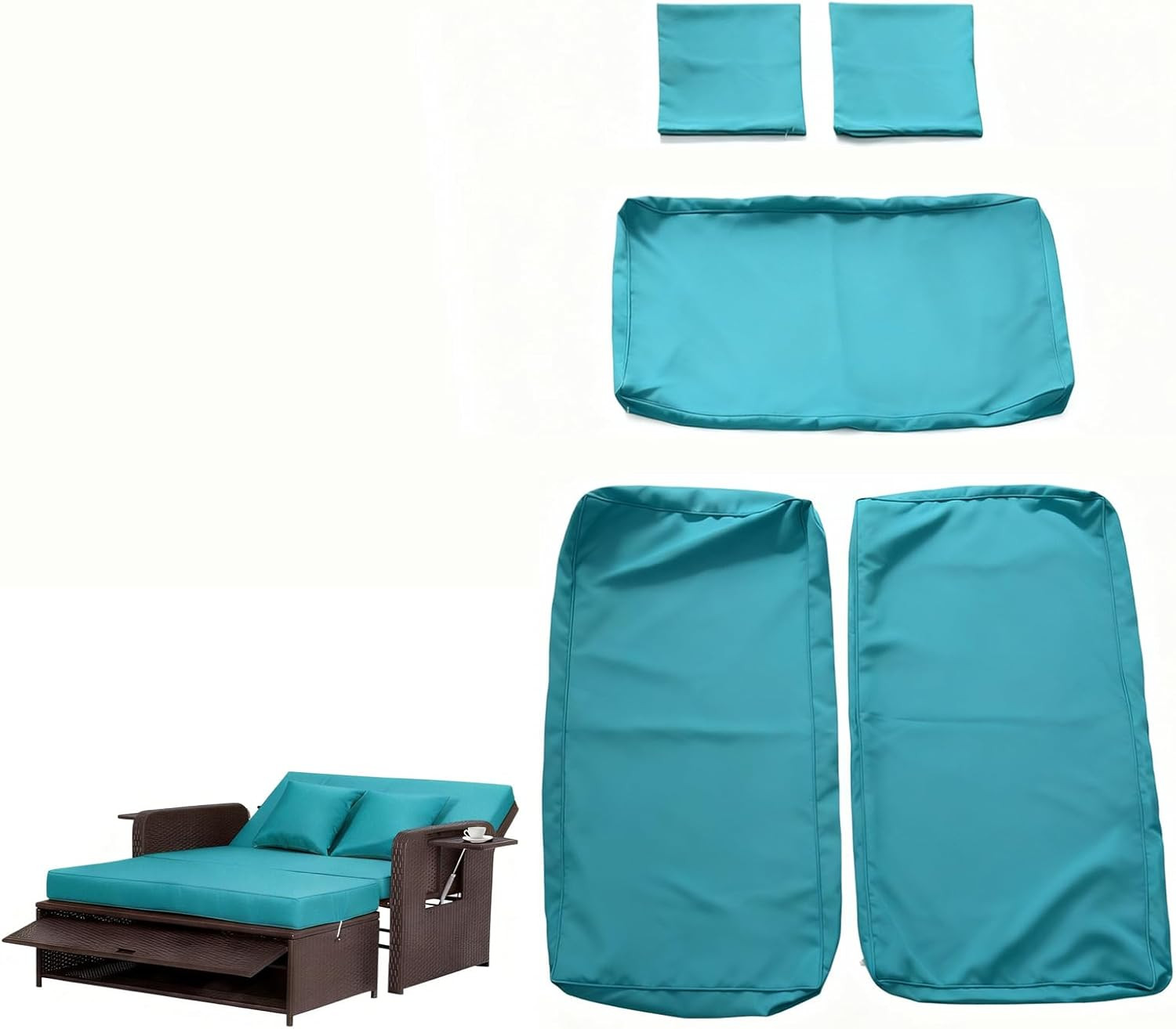 Blue 5-Piece Outdoor Wicker Daybed Cushion Cover Set for Loveseat Sofa