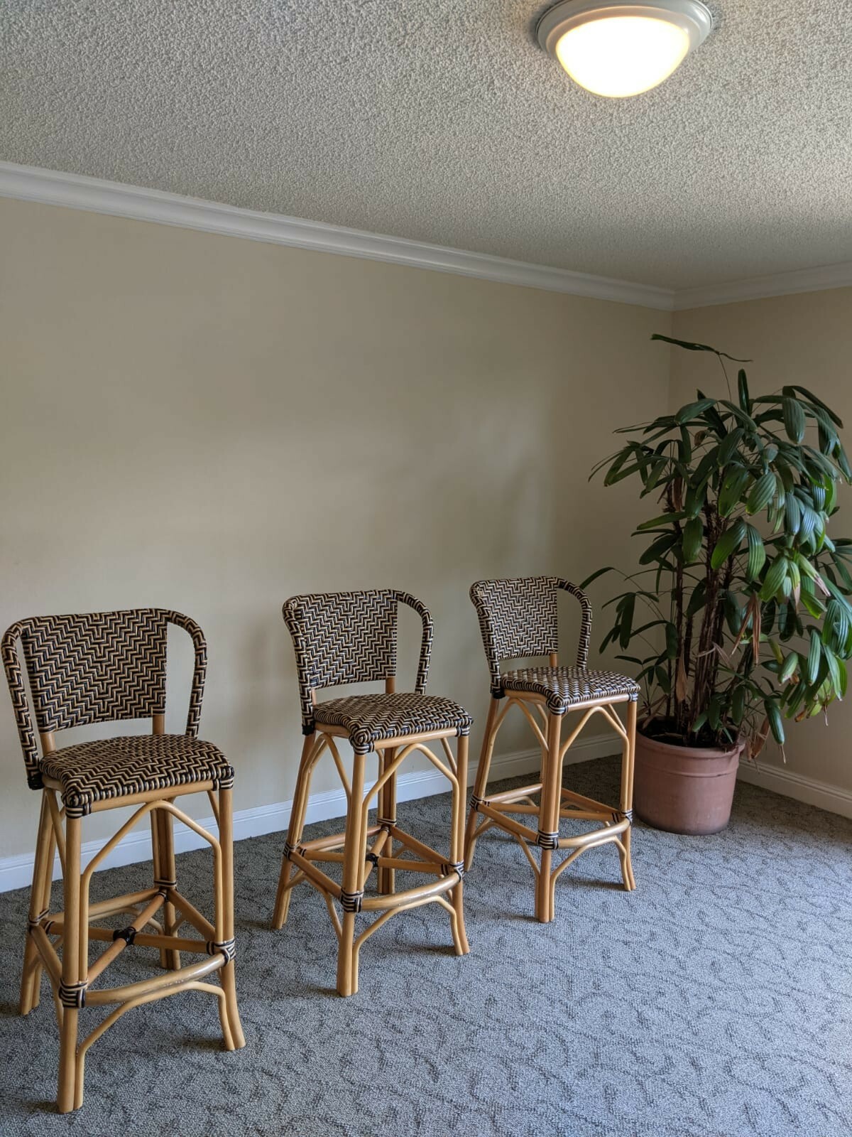Slightly Used Beige and Black Rattan Wicker Bar Stools
