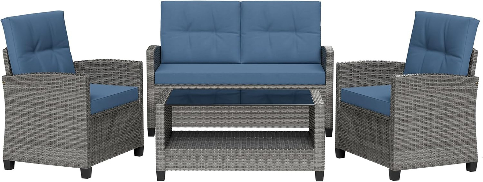 Stylish 4-Piece Outdoor Rattan Patio Furniture Set with Cushions – Gray & Blue