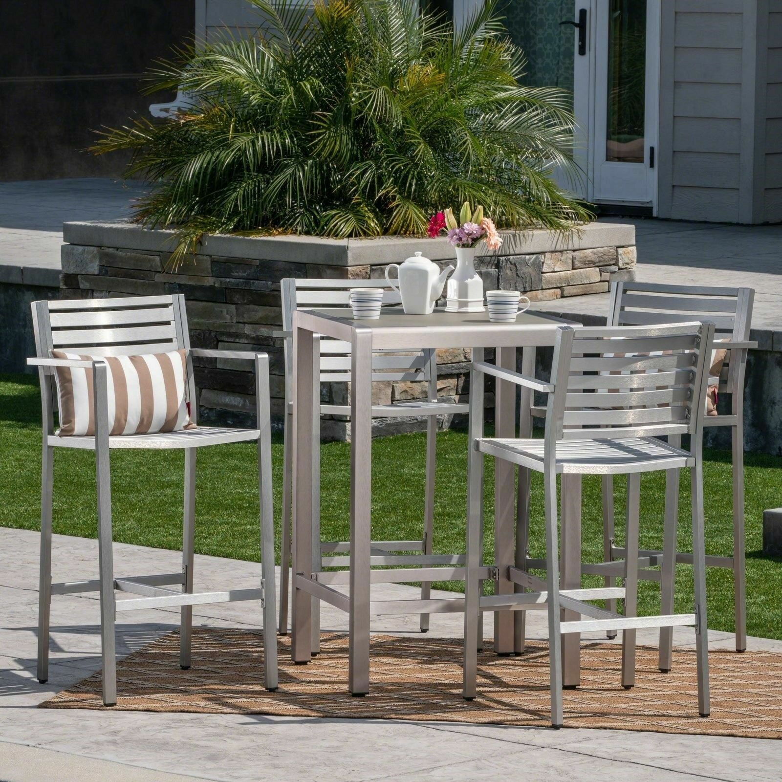 Tracy Outdoor 5 Piece Silver Rust-Proof Aluminum Bar Set with Grey Tempered Glas