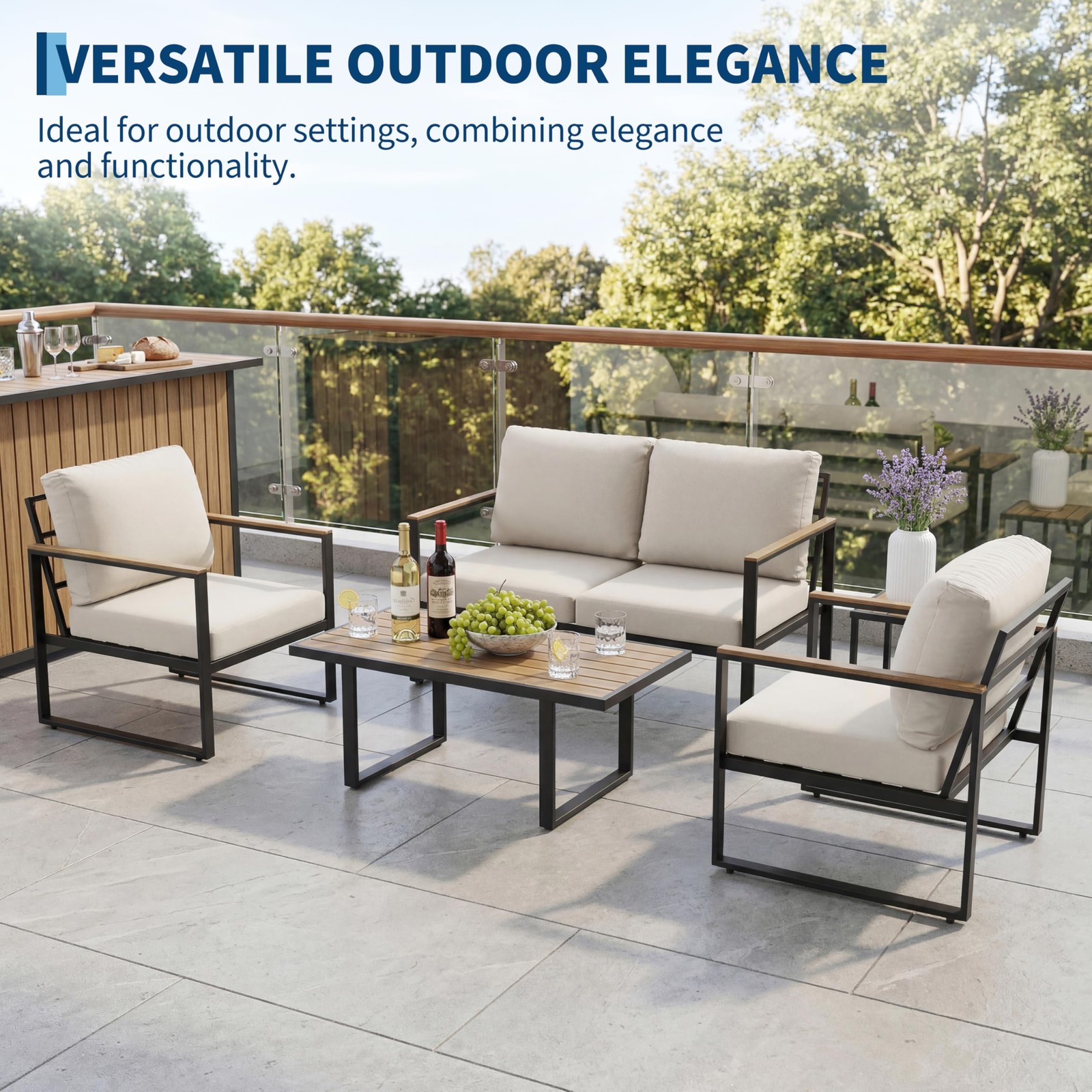 4-Piece Outdoor Patio Conversation Set,PE Rope Wicker Sofa,Waterproof Couch,Yard