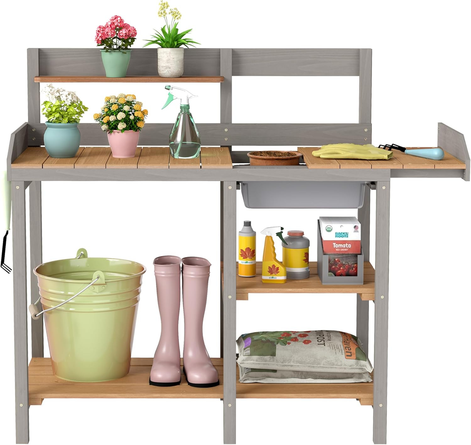 Wooden Potting Bench Table with Sink, Outdoor Garden Table Work Bench with Shelf