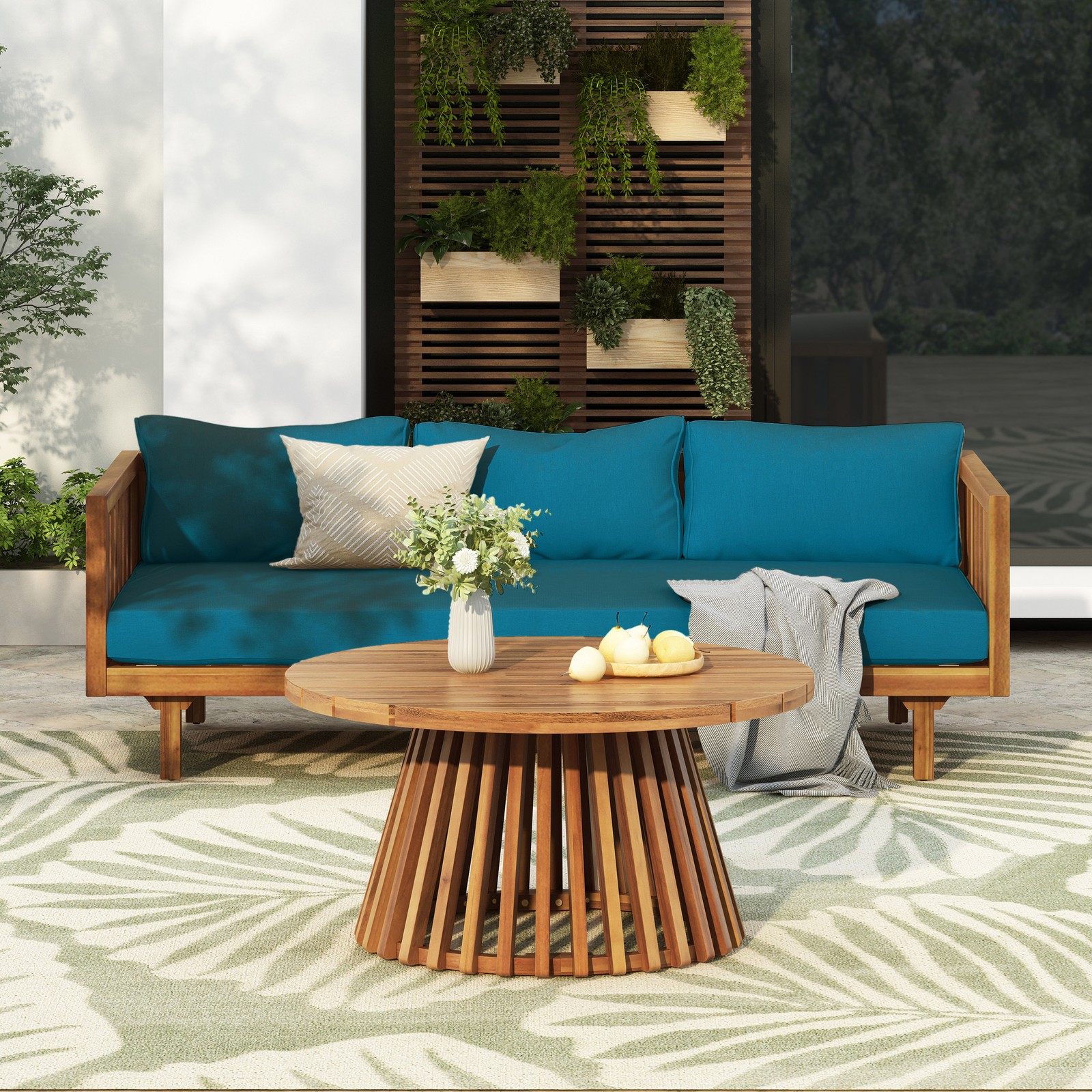 Acacia Wood Patio Furniture Set Outdoor 3 Seater Daybed with Table Lounge Chair