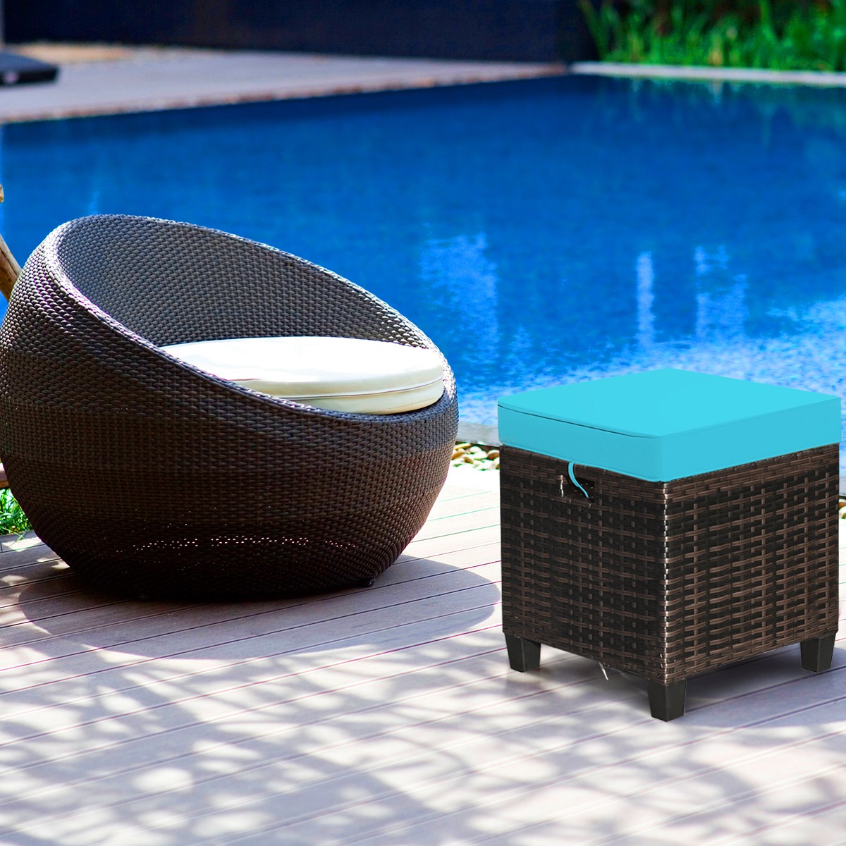 2PCS Patio Rattan Ottoman Cushioned Seat Foot Rest Coffee Table Turquoise