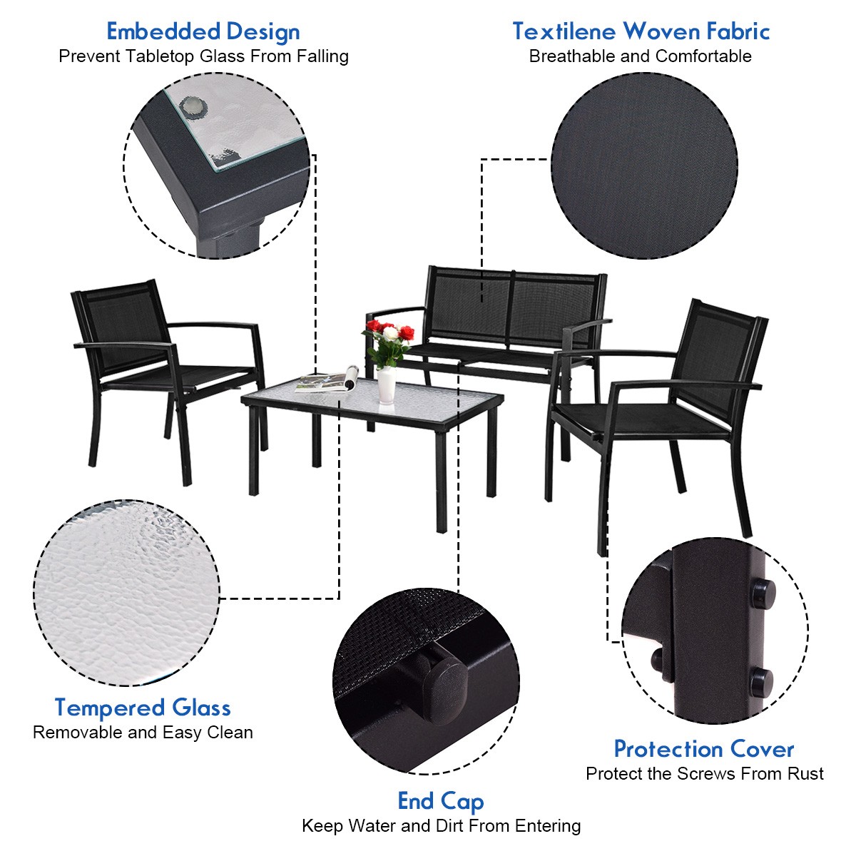 4 PCS Patio Furniture Set Sofa Coffee Table Steel Frame Garden Deck Black