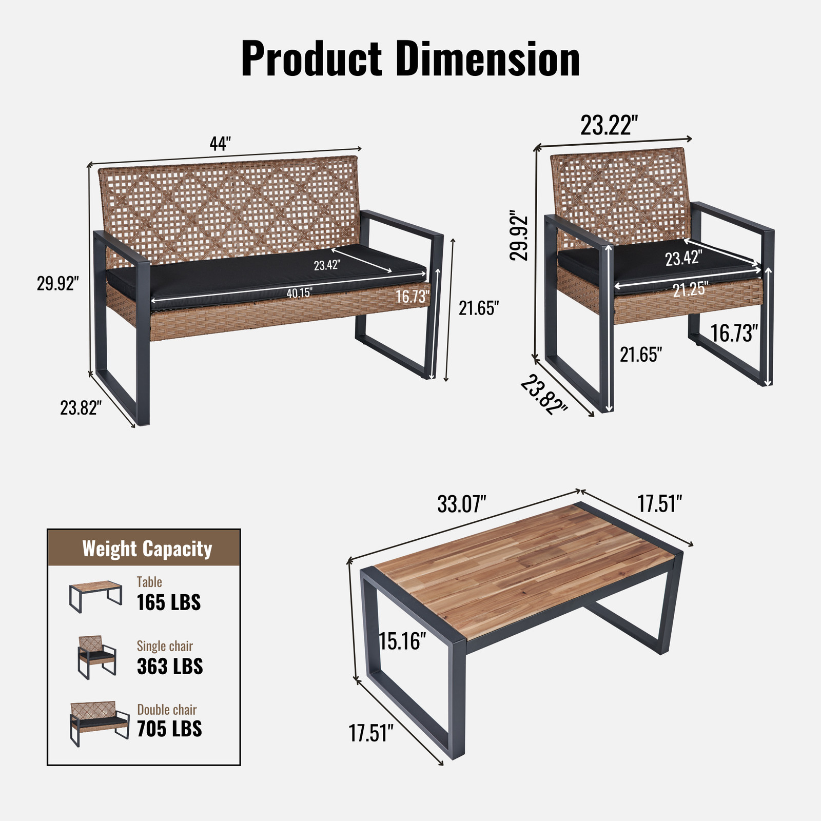 4-Piece Patio Furniture Set Acacia Wood Rattan Modern Black Brown Outdoor