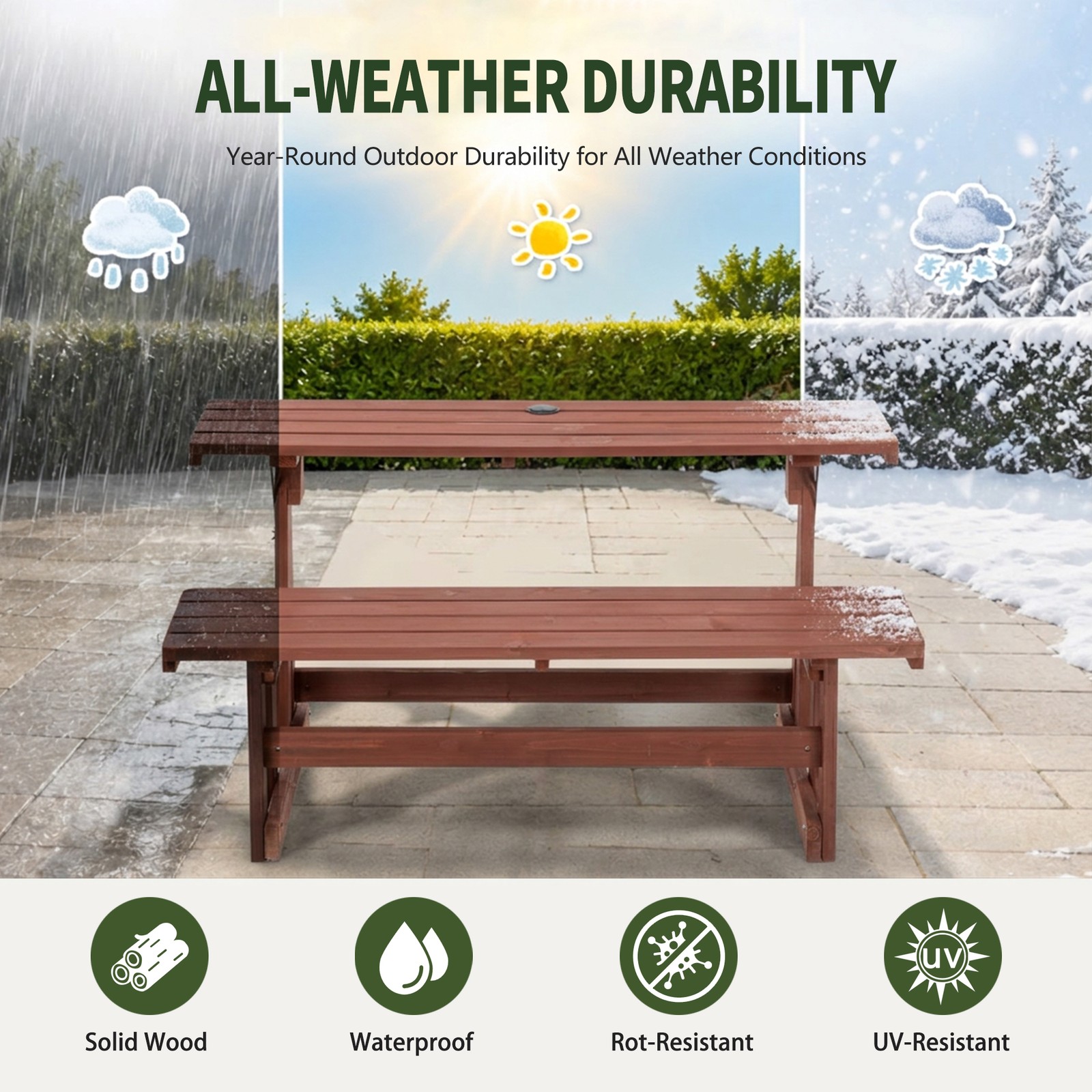 2-in-1 Convertible Bench Picnic Table, Outdoor Folding Set, Solid Wood