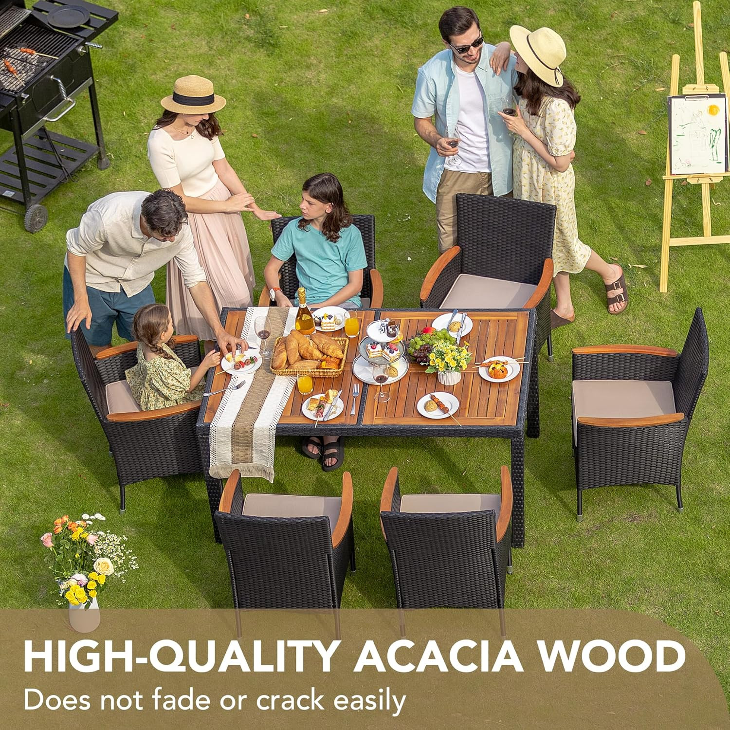 Devoko Dining 7 PCS Furniture, Patio Conversation Set with Acacia Wood Table Top
