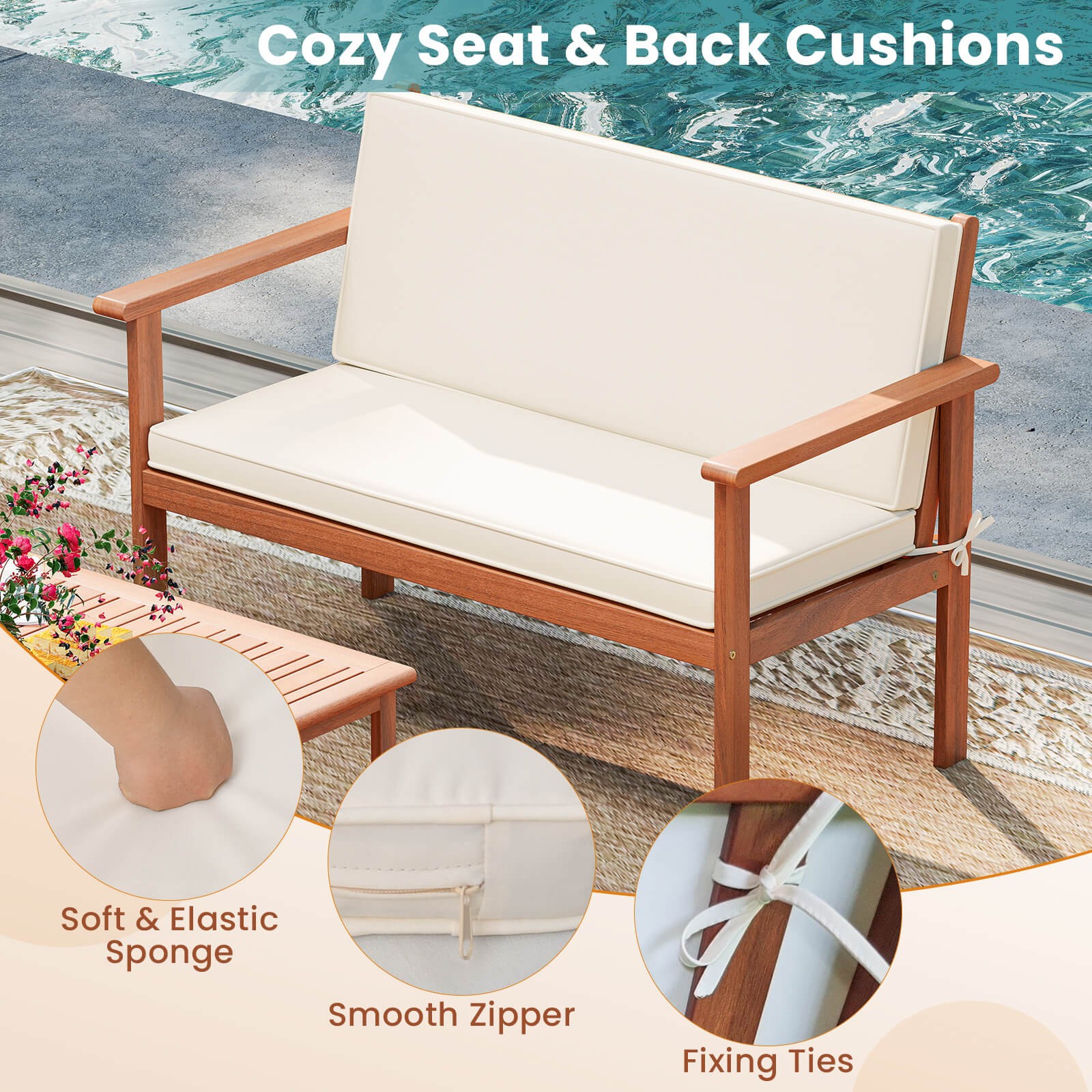 8 PCS Acacia Wood Conversation Set w/ Seat & Back Cushions Loveseat Armchairs