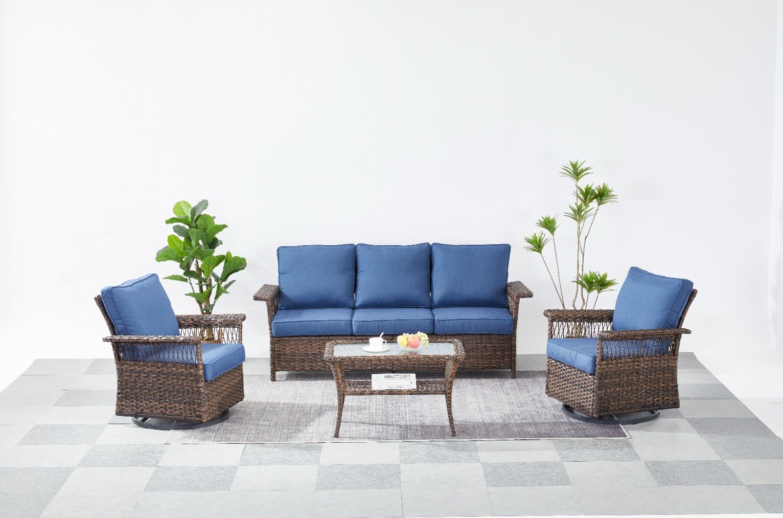 Outdoor Brown Wicker Patio Set, 5-Piece Sofa with Swivel Chairs and 2 Ottomans