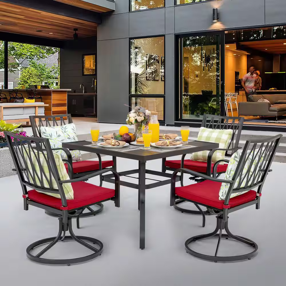 Black 5-Piece Metal Square Outdoor Dining Set with Red Cushion Patio Furniture S