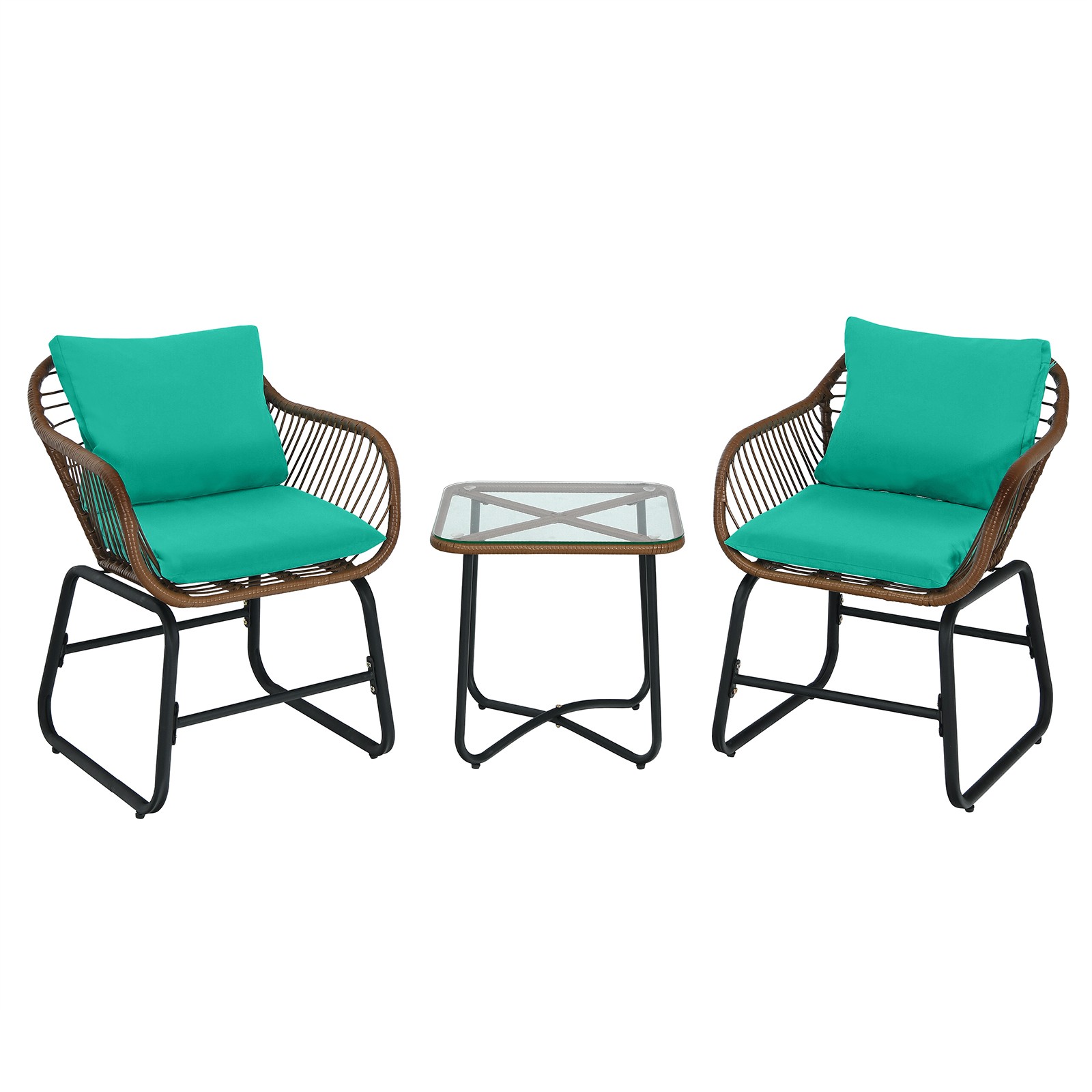 Costway 3PCS Patio Rattan Bistro Set Cushioned Chair Glass Table Deck Turquoise