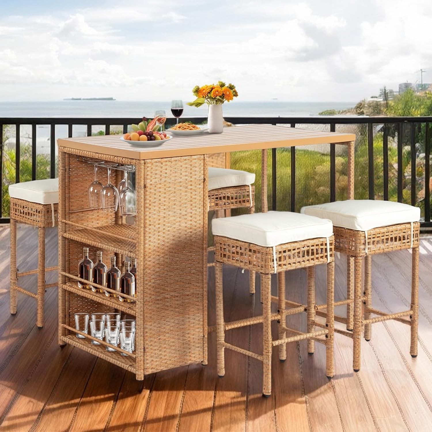5-Piece Outdoor Bar Set Wicker Rattan Bar Height Patio Set w/4 Cushion Bar